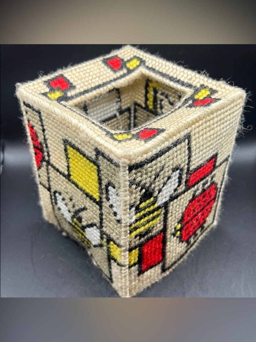 Vintage Hand Stitched Needlepoint Style Bee Ladybug Cottagecore Tissue Box Cover